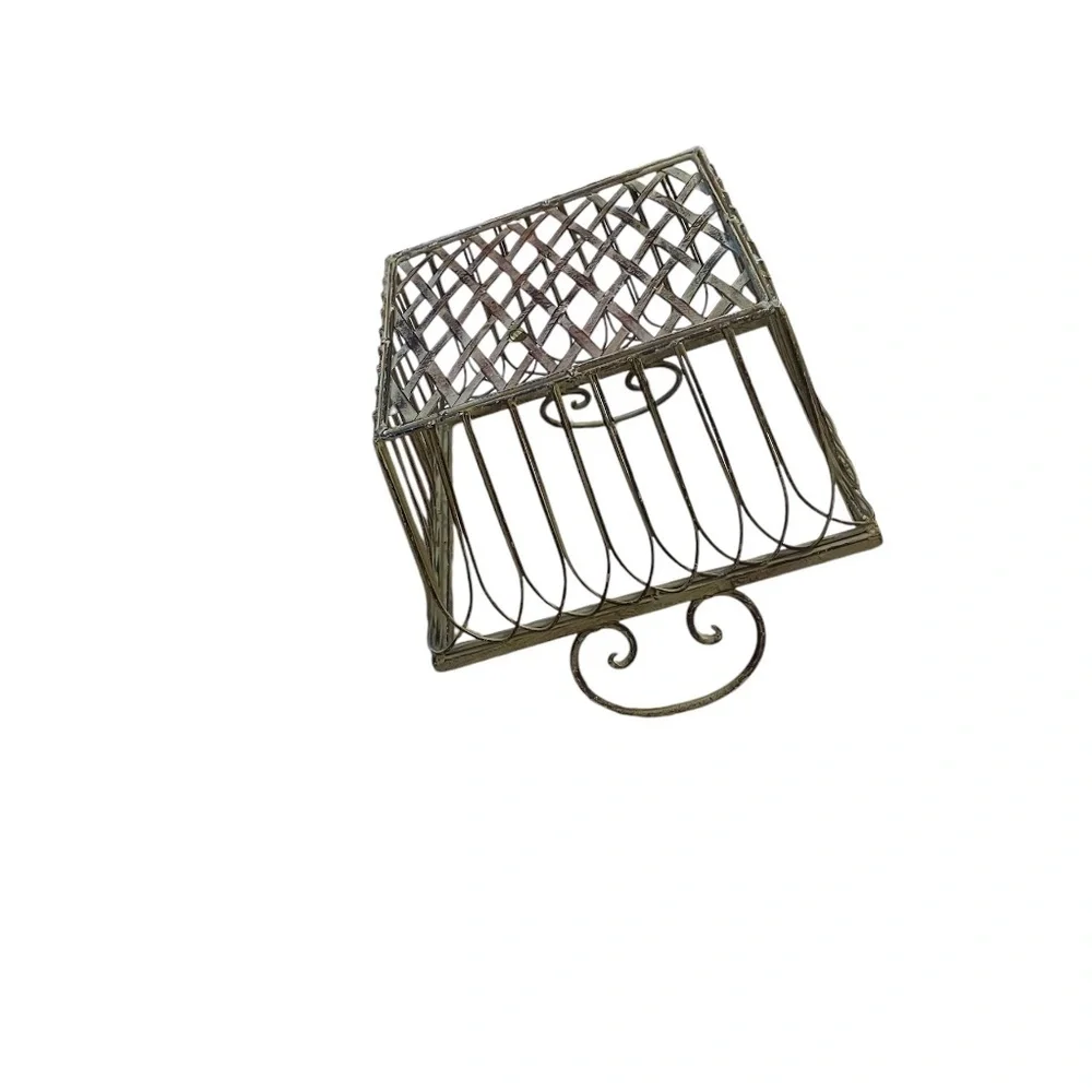 Vintage Wrought Iron Square‎ Ornate Handles Basket Sage Green, Set Of 2